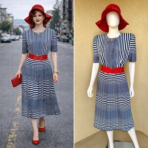 Sailor Pinup Chic 70s 80s Vintage Navy Striped Dress